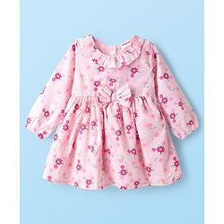 Babyhug Cotton Woven Full Sleeves Frock With Floral Print & Bow Applique - Light Pink