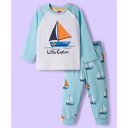 Babyhug Cotton Knit Raglan Full Sleeves Nautical Theme Printed T-Shirt & Pyjama Night Suit - White & Light Blue