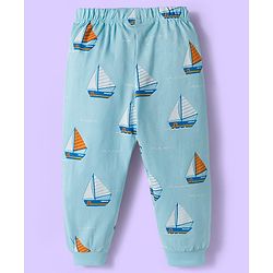 Babyhug Cotton Knit Raglan Full Sleeves Nautical Theme Printed T-Shirt & Pyjama Night Suit - White & Light Blue