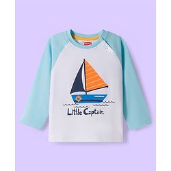 Babyhug Cotton Knit Raglan Full Sleeves Nautical Theme Printed T-Shirt & Pyjama Night Suit - White & Light Blue