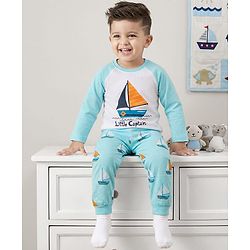 Babyhug Cotton Knit Raglan Full Sleeves Nautical Theme Printed T-Shirt & Pyjama Night Suit - White & Light Blue