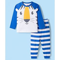 Babyhug Cotton Knit Raglan Full  Sleeves Animal Printed T-Shirt & Striped Pyjama Night Suit - White & Blue