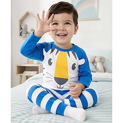 Babyhug Cotton Knit Raglan Full  Sleeves Animal Printed T-Shirt & Striped Pyjama Night Suit - White & Blue