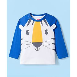 Babyhug Cotton Knit Raglan Full  Sleeves Animal Printed T-Shirt & Striped Pyjama Night Suit - White & Blue