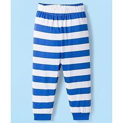 Babyhug Cotton Knit Raglan Full  Sleeves Animal Printed T-Shirt & Striped Pyjama Night Suit - White & Blue