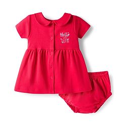 Babyhug 100% Cotton Knit Half Sleeves Floral & Text Printed Frock With Bloomer - Red