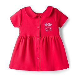 Babyhug 100% Cotton Knit Half Sleeves Floral & Text Printed Frock With Bloomer - Red