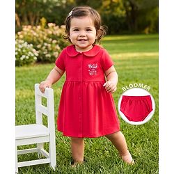 Babyhug 100% Cotton Knit Half Sleeves Floral & Text Printed Frock With Bloomer - Red