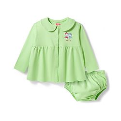 Babyhug Interlock Knit Full Sleeves Frock with Bloomer & Kitty Print - Light Green