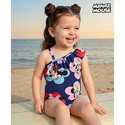 Babyhug Disney Sleeveless V Cut Swimsuit With Minnie Mouse Print - Navy Blue