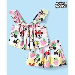 Babyhug Disney Knit Frill Sleeves Co-ords Two Piece Swimsuit with Minnie Mouse Print - Multicolor