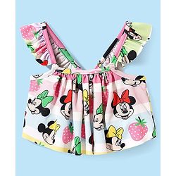 Babyhug Disney Knit Frill Sleeves Co-ords Two Piece Swimsuit with Minnie Mouse Print - Multicolor