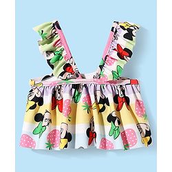 Babyhug Disney Knit Frill Sleeves Co-ords Two Piece Swimsuit with Minnie Mouse Print - Multicolor