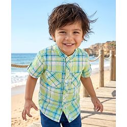 Babyhug Cotton Woven Half Sleeve Mandarin Collar Checked Shirt - Light Green