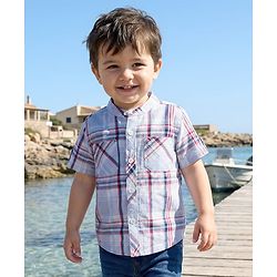 Babyhug Cotton Woven Half Sleeve Mandarin Collar Checked Shirt - Light Blue