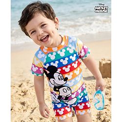Babyhug Disney Half Raglan Sleeves Legged Swimsuit with Mickey Mouse Graphic - Multicolor