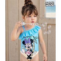 Babyhug Disney Sleeveless V Cut Swimsuit With Minnie Mouse Graphic - Light Blue