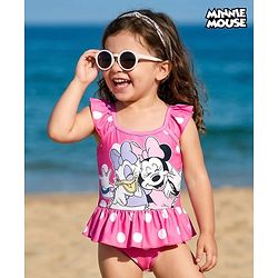 Babyhug Disney Sleeveless Frock Swimsuit With Minnie Mouse Graphics - Pink