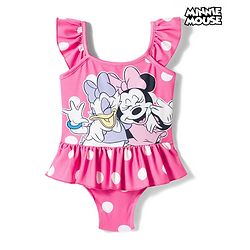 Babyhug Disney Sleeveless Frock Swimsuit With Minnie Mouse Graphics - Pink
