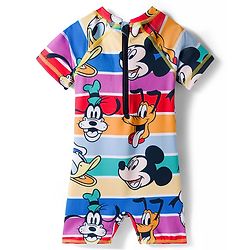 Babyhug Disney Raglan Half Sleeve Legged Swimsuit With Mickey Mouse Graphics -Multicolour