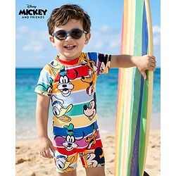 Babyhug Disney Raglan Half Sleeve Legged Swimsuit With Mickey Mouse Graphics -Multicolour