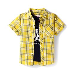 Babyhug Cotton Woven Half Sleeves Checks Shirt with Text Printed T-Shirt - Yellow