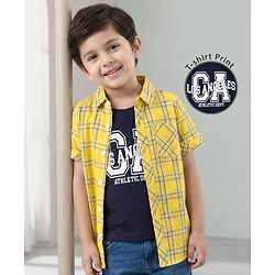 Babyhug Cotton Woven Half Sleeves Checks Shirt with Text Printed T-Shirt - Yellow