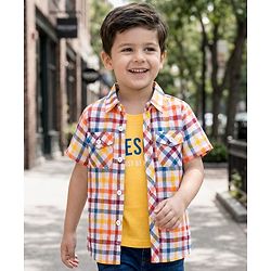 Babyhug Cotton Woven Half Sleeves Checks Shirt with Text Printed T-Shirt - Multicolor