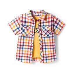 Babyhug Cotton Woven Half Sleeves Checks Shirt with Text Printed T-Shirt - Multicolor
