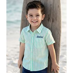 Babyhug Cotton Woven Half Sleeves  Striped Shirt with Genuis Text Embroidery - Green