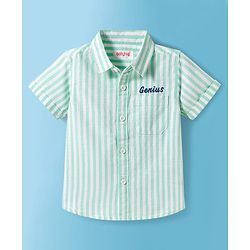 Babyhug Cotton Woven Half Sleeves  Striped Shirt with Genuis Text Embroidery - Green