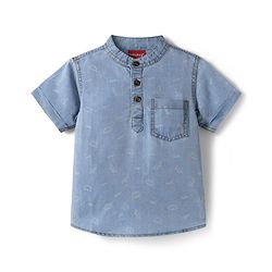 Babyhug Cotton Woven Half Sleeves Mandarin Collar Dino Printed Kurta Shirt - Blue