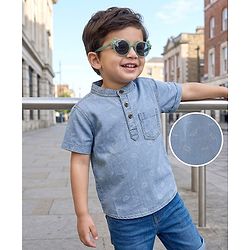Babyhug Cotton Woven Half Sleeves Mandarin Collar Dino Printed Kurta Shirt - Blue