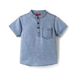 Babyhug Cotton Woven Half Sleeves Mandarin Collar Dino Printed Kurta Shirt - Blue