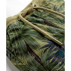 Babyhug Cotton Lycra Woven Full Length Beach Theme Printed Joggers Pant With Stretch - Olive Green