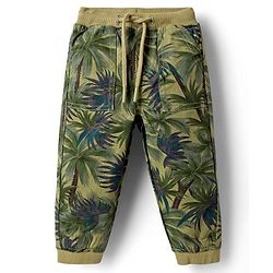 Babyhug Cotton Lycra Woven Full Length Beach Theme Printed Joggers Pant With Stretch - Olive Green
