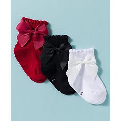 Cute Walk by Babyhug Non Terry Knit Ankle Length Solid Party Socks With Bow Applique Pack of 3 - Multicolor