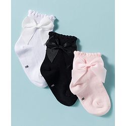 Cute Walk by Babyhug Non Terry Knit Ankle Length Solid Party Socks With Bow Applique Pack of 3 - Multicolor