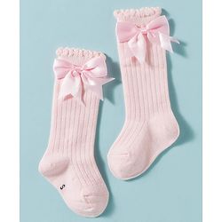 Cute Walk by Babyhug Non Terry Knit Calf Length Solid Party Socks with Bow Applique & Cable Knit Design - Pink