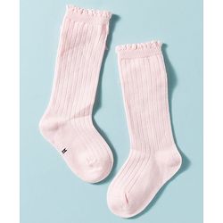 Cute Walk by Babyhug Non Terry Knit Calf Length Solid Party Socks with Bow Applique & Cable Knit Design - Pink