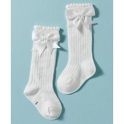 Cute Walk by Babyhug Non Terry Knit Calf Length Solid Party Socks with Bow Applique & Cable Knit Design - Pink