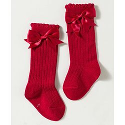 Cute Walk by Babyhug Non Terry Knit Calf Length Solid Party Socks with Bow Applique & Cable Knit Design - Pink