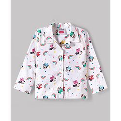 Babyhug Disney Cotton Woven Full Sleeves Minnie Mouse Printed Shirt & Pyjama Co-Ord Night Suit - White