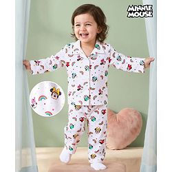 Babyhug Disney Cotton Woven Full Sleeves Minnie Mouse Printed Shirt & Pyjama Co-Ord Night Suit - White