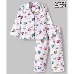 Babyhug Disney Cotton Woven Full Sleeves Minnie Mouse Printed Shirt & Pyjama Co-Ord Night Suit - White
