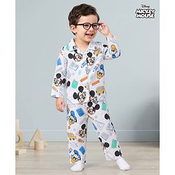 Babyhug Disney Cotton Woven Full Sleeves Mickey Mouse Printed Shirt & Pyjama Co-Ord Night Suit - White