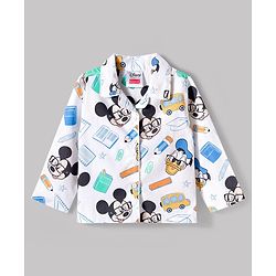 Babyhug Disney Cotton Woven Full Sleeves Mickey Mouse Printed Shirt & Pyjama Co-Ord Night Suit - White