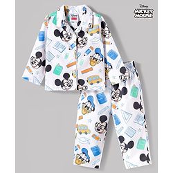 Babyhug Disney Cotton Woven Full Sleeves Mickey Mouse Printed Shirt & Pyjama Co-Ord Night Suit - White