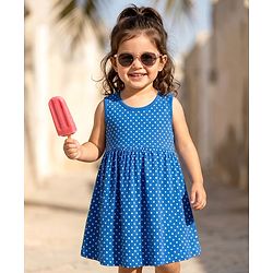 Babyhug Single Jersey Knit Sleeveless Frock With Polka Dot Print - Blue