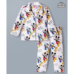 Babyhug Disney Cotton Woven Full Sleeves Co-ords Shirt & Pajama Night Suit with Mickey Mouse Print - Multicolor